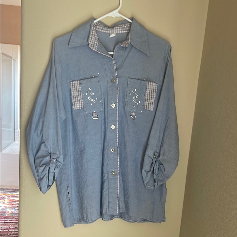 Blue Button-Up Shirt with Embroidered Details